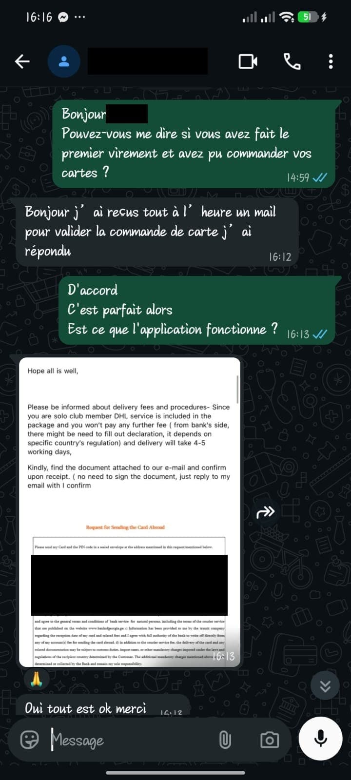 Client : commande des cartes validée, livraison DHL incluse, l'application fonctionne